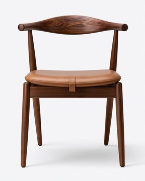 Elegant walnut dining chair with a curved backrest and a comfortable tan leather seat pad