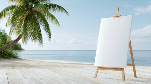 White blank sign on a wooden easel placed on a beach deck with blue ocean view during daylight