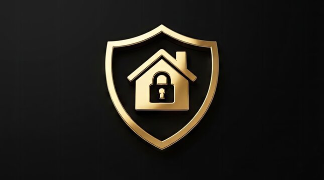 Golden shield emblem featuring house and padlock.