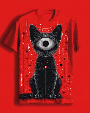 Graphic T-shirt featuring a Mystical Black Cat with a Hypnotic Third Eye, surrounded by Abstract Geometric Patterns on Red Fabric