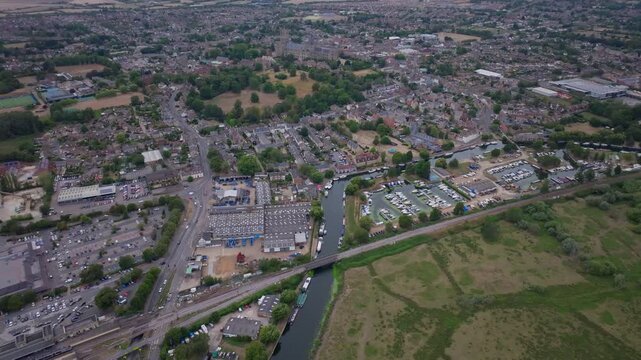 Aerial shot from Ely train station to the Cathedral