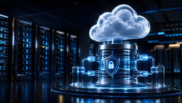 Futuristic cloud computing symbol with secure metallic database and glowing shield lock in a server room