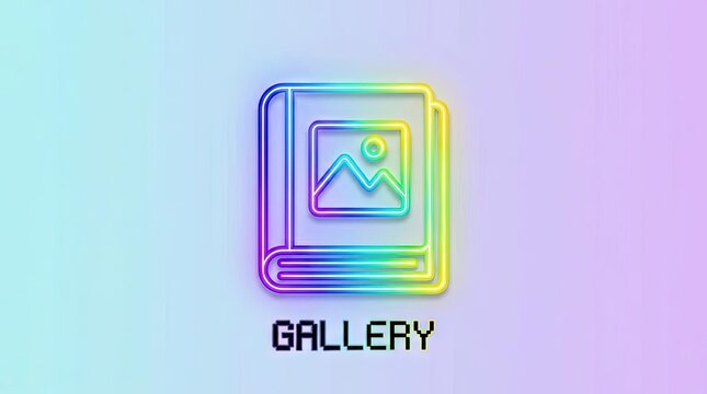 Neon gallery book icon with rainbow glow.