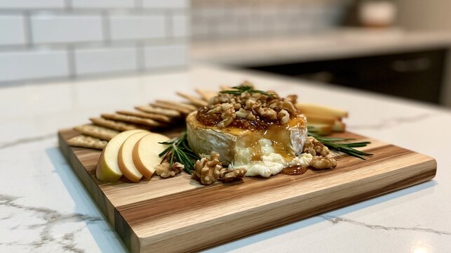 Melted brie appetizer with figs, honey, and walnuts on a wooden board in a cozy home kitchen