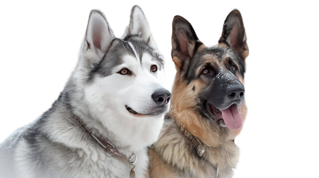 Siberian husky and German shepherd dogs purebred domestic canine pets sitting together isolated on white background
