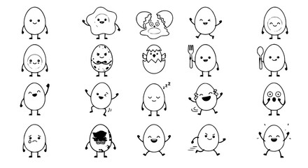 Obraz premium Boiled Fried Cracked Egg Cute Cartoon Character Vector Illustration Set