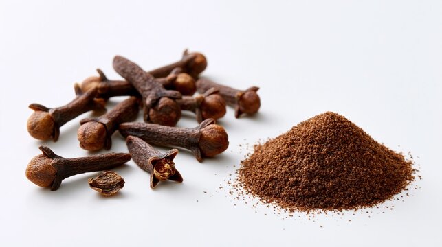 Whole dried cloves arranged beside a small heap of finely ground brown clove powder for seasoning