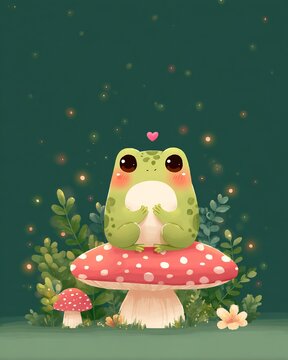 Cute Cartoon Frog Sitting on Red Mushroom in Magical Forest with Fireflies