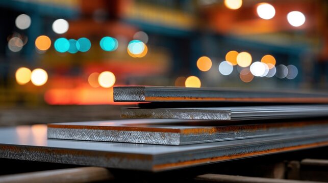 Stacked steel sheets rest in a manufacturing plant with bright blurred lights in the background
