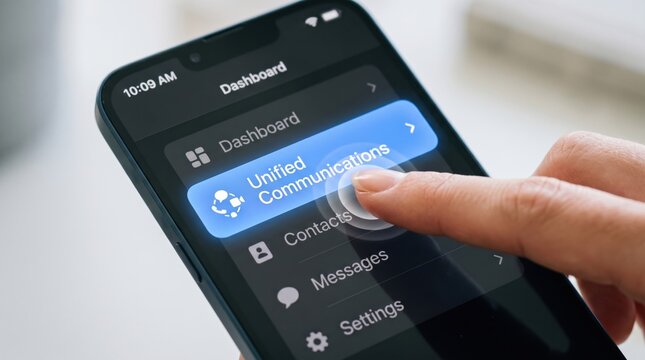 Mobile unified communications app interface. Smartphone dashboard on screen. Finger touching UC software menu. Remote office technology concept.