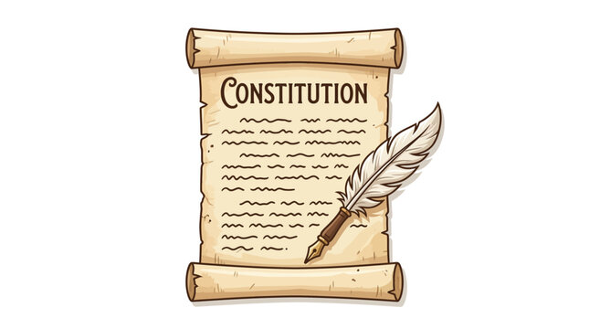 Vintage parchment scroll showing the constitution document with a traditional feather quill pen in bright light