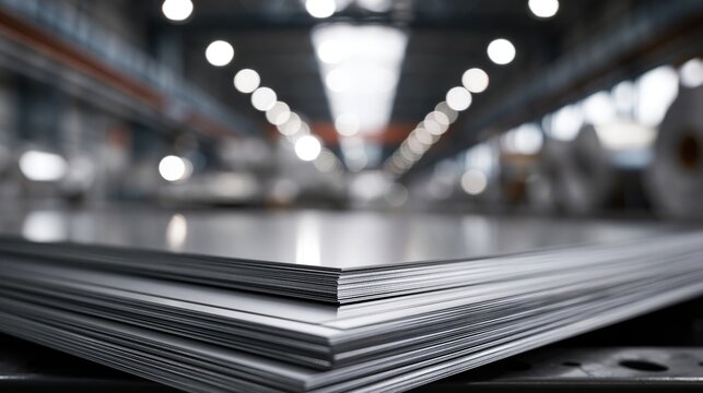 Stacked metal plates rest on a factory bench while bright production lights glow overhead