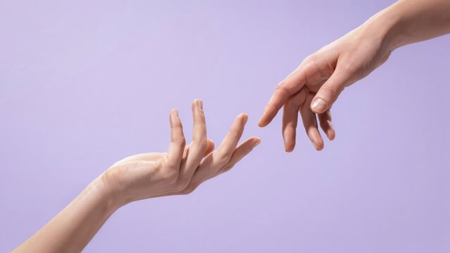 Two hands reaching towards each other on a soft purple background, representing connection, support, and human interaction