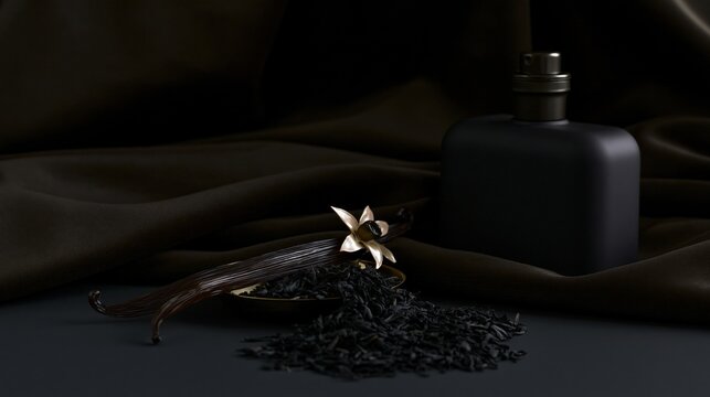 Black perfume bottle sits on dark velvet fabric beside fragrant vanilla and spilled tea leaves