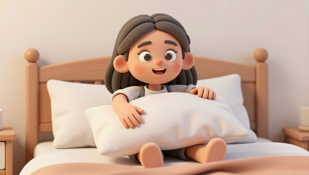 Cute 3D Cartoon Girl Sitting in Bed Hugging Pillow for Comfortable Sleep and Relaxation