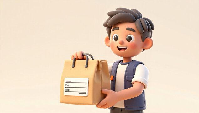 Cute 3D Cartoon delivery boy Holding Shopping Bag | Delivery Package Concept