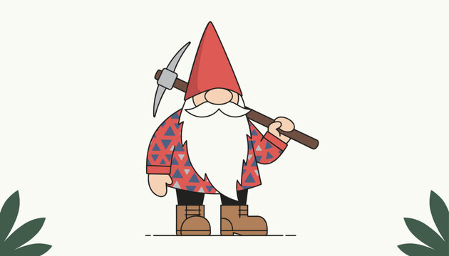 Classic garden gnome with long white beard and red pointed hat holding metal pickaxe on his shoulder in vector line art.