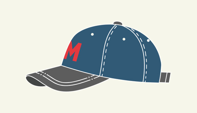 Sporty blue baseball cap with gray visor and red letter M on the front, isolated on pale background as flat vector.