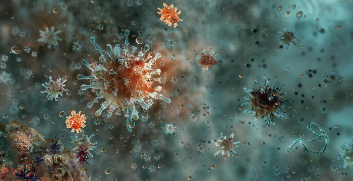 Virus particles, viral infection and airborne pathogen transmission concept. Microscopic virus-like structures suspended among liquid droplets and biological material, with a nucleic acid-like strand