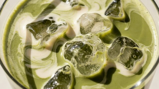 Closeup of an iced matcha green tea latte with swirling milk and ice cubes in a glass