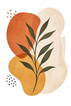 Abstract botanical art with leaves and organic shapes in warm colors