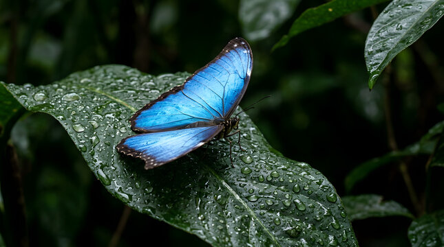 Close up of a vibrant blue morpho butterfly resting on a wet green leaf covered in dew drops
