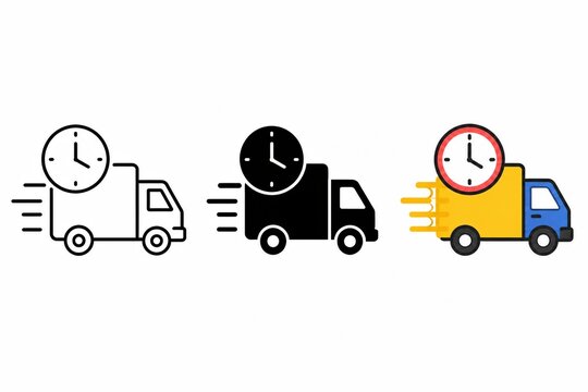 Fast delivery truck icon set with a clock for quick shipping service