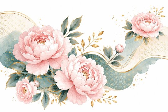 Beautiful pink peony flowers with gold glitter accents and leaves