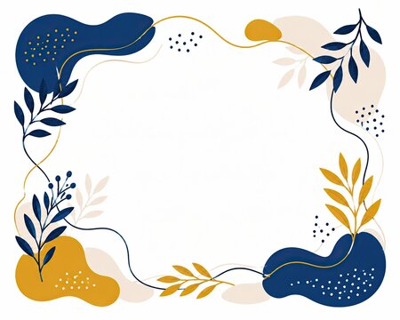 Abstract floral frame with blue and gold shapes and leaves design