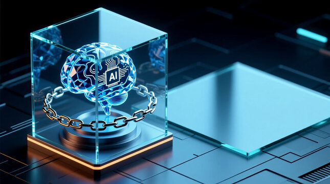Securing intellectual property innovation protection with glowing artificial intelligence brain inside locked glass vault 3D isometric illustration art