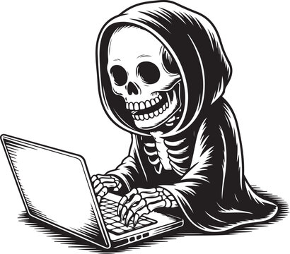 Skeleton grim reaper using a laptop computer black and white vector illustration