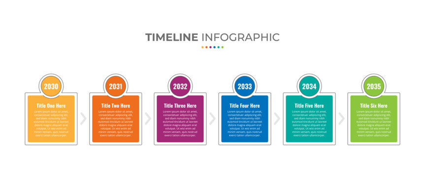 6-step arrow timeline and business process infographic presentation template with six year numbered phases.