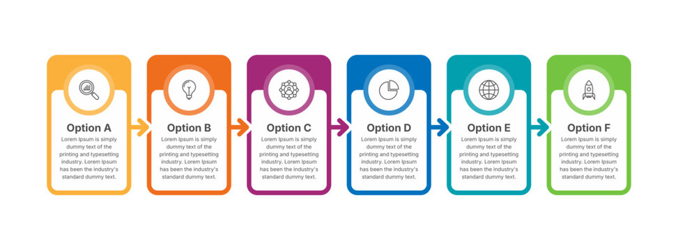 Modern 6-step arrow timeline and business process infographic template.