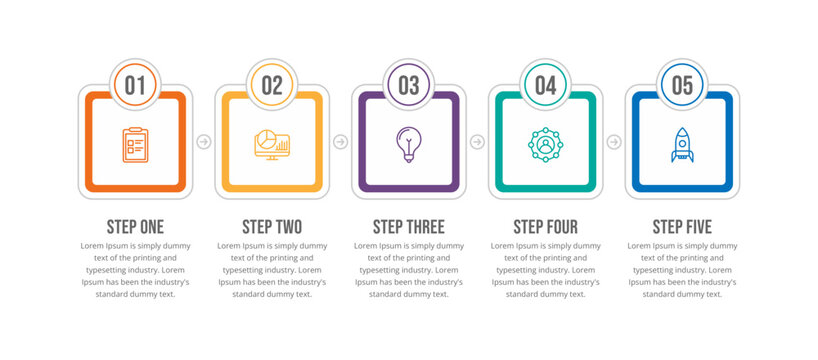 Modern 5-step timeline roadmap and business process infographic template with icons and numbered phases.