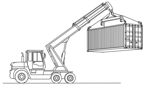 Forklift lifting shipping container white background.
