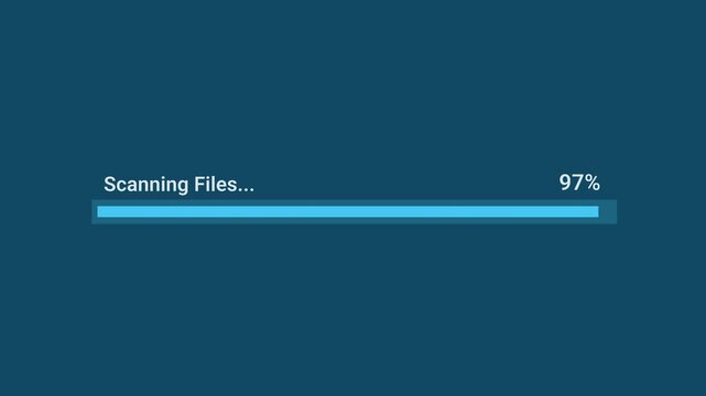 Animated motion graphics showing a thin cyan progress bar labeled "Scanning Files..." with a "97%" completion counter filling up over a dark blue background. Represents active antivirus scanning,