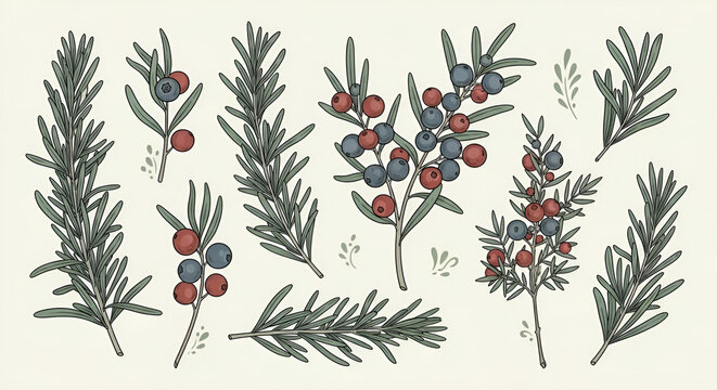 Hand drawn botanical illustration of rosemary sprigs and berry branches on a white background for herbal medicine and culinary design projects