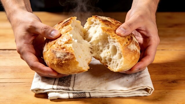 Hands Breaking Fresh Traditional Hungarian Round Sourdough Bread