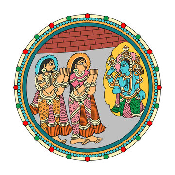 Traditional Indian Folk Art Illustration of Lord Vishnu Blessing Two Devotees...
