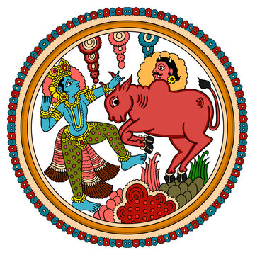 Traditional Indian Folk Art Illustration of Lord Krishna Battling a Demon, Ornamental Hindu Religious Artwork