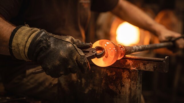 Artisan Glassblower Shaping Glowing Molten Glass with Wooden Block in Workshop