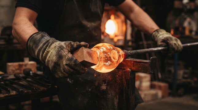 Artisan Glassblower Shaping Glowing Molten Glass with Wooden Block in Workshop