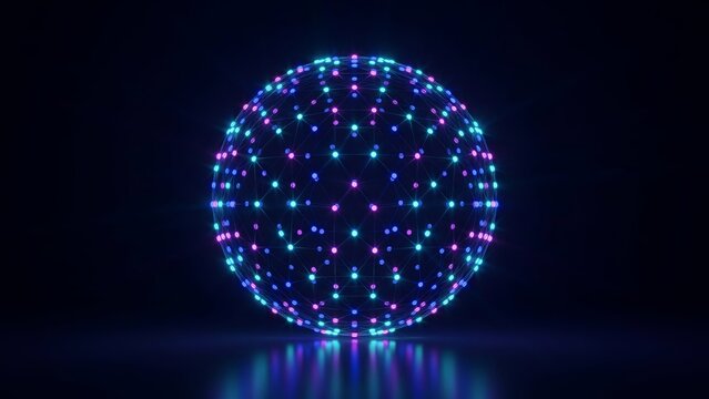 Abstract glowing sphere with interconnected nodes and lines, futuristic digital technology concept, 3d render on dark background