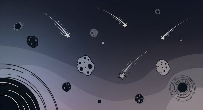 Abstract outer space background with shooting stars asteroids and cosmic elements