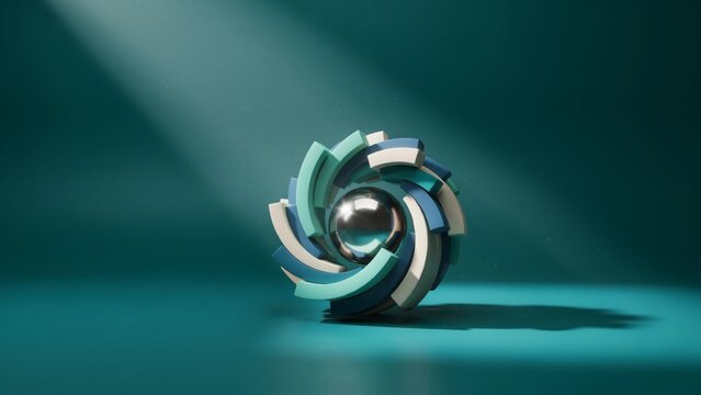 Abstract 3d composition with a central metallic sphere surrounded by rotating geometric shapes in shades of blue and white