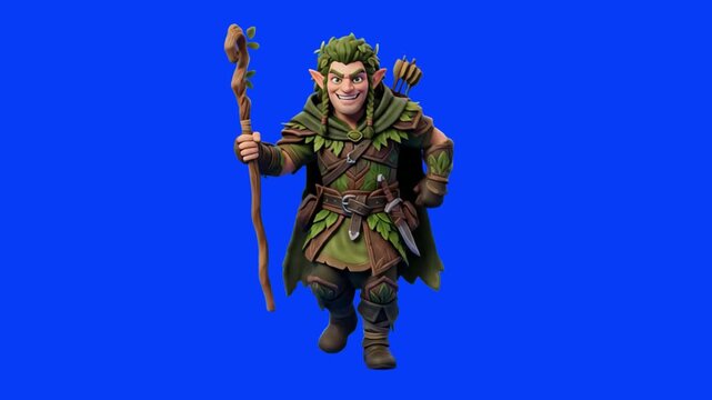 A playful 3D fantasy elf ranger or druid character with green hair, wooden staff, and forest tunic performing a cheerful dance routine against a vibrant blue studio backdrop. Ideal for RPG video games