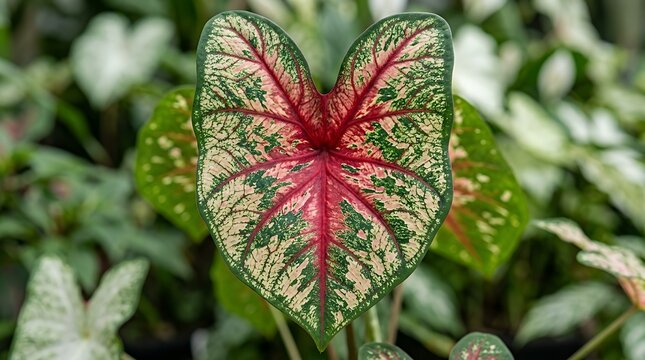 Close-up botanical study of a vivid caladium foliage displaying intricate netted venation and striking multicolored pigmentation rich scarlet emerald and cream tones blending across the broad