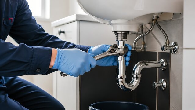 A professional plumber wearing blue gloves using a wrench to repair a leaking sink trap under a bathroom vanity.