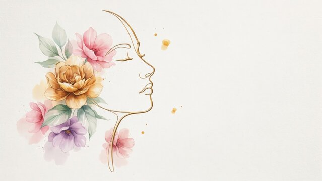 Elegant line art portrait of a woman in profile adorned with watercolor flowers isolated on white background