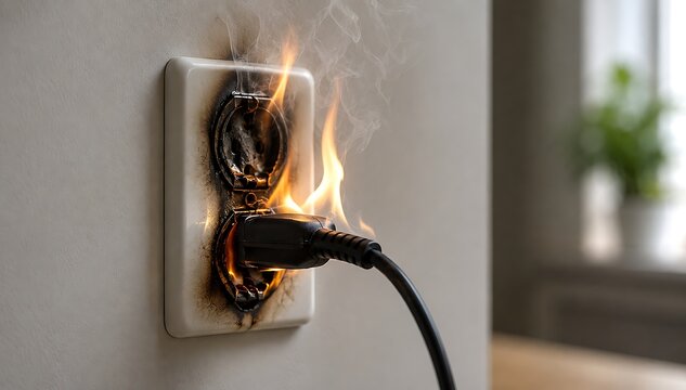Electrical outlet on wall catches fire with plug inserted dangerous short circuit and electrical hazard causing smoke and flames a serious home danger.